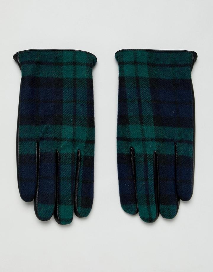 Asos Design Leather Touchscreen Gloves In Black With Check Detail