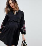 Asos Design Maternity Embroidered Sleeve Smock Dress-black