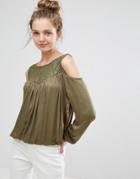 B.young Lace Insert Cold Shoulder Blouse - Green