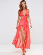 Asos Criss Cross Cut Out Split Maxi Split Beach Dress - Red