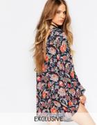 Reclaimed Vintage Long Sleeve Tunic Dress With Tie Back Detail In Flor
