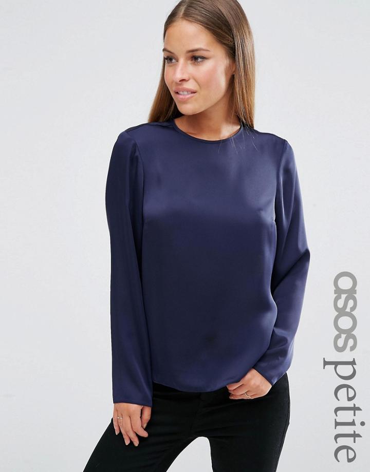 Asos Petite Minimal Satin Long Sleeve Top - Navy
