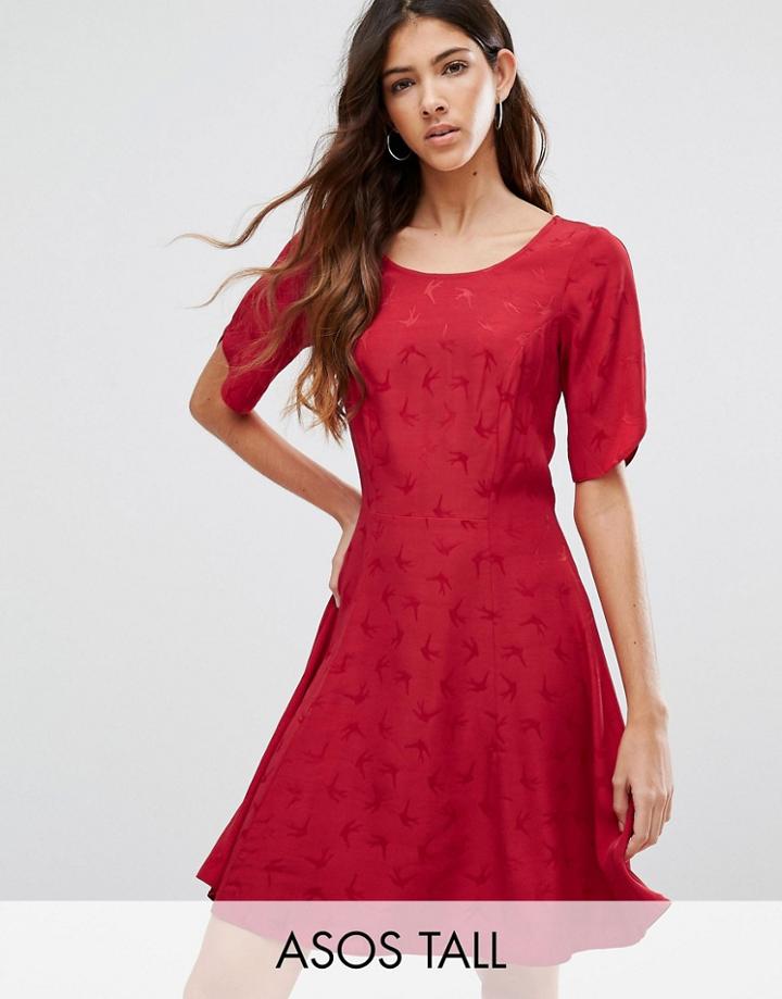 Asos Tall Short Sleeve Bird Jacquard Flippy Mini Dress - Red