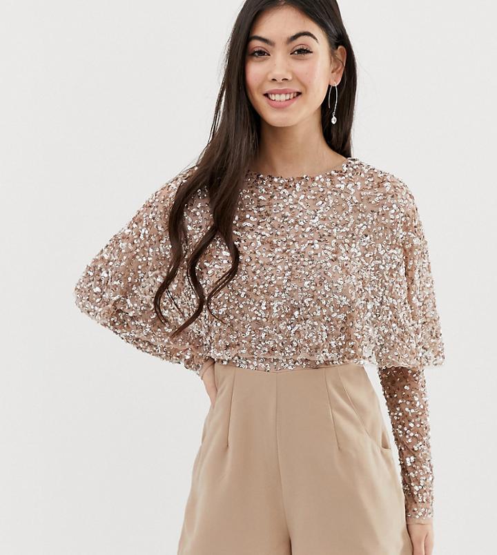 Maya Petite Cape Detail Romper With Tonal Delicate Sequin Top In Taupe Blush - Brown