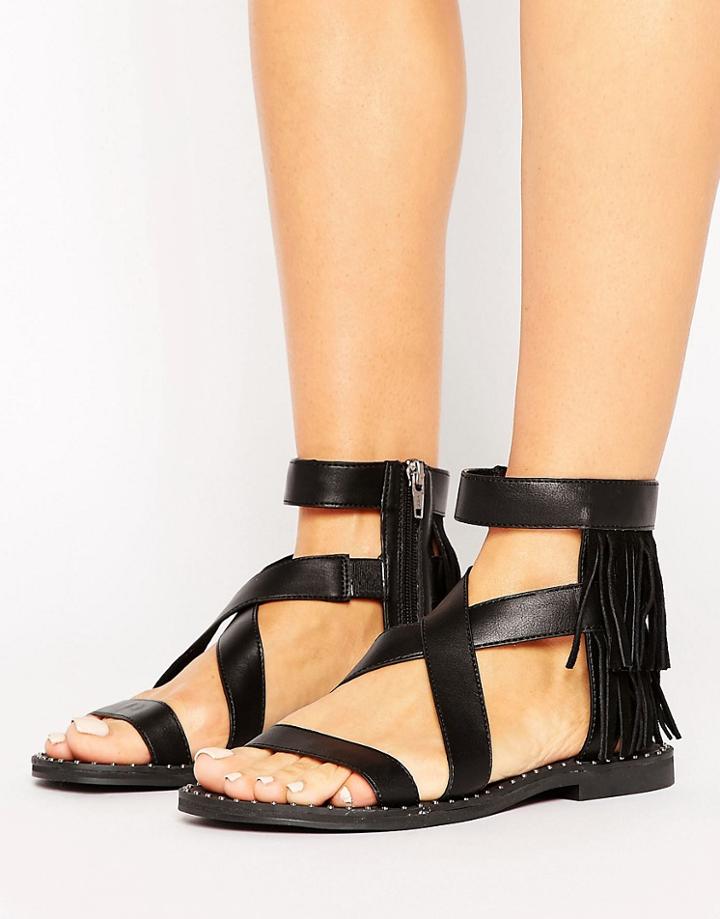 Sixtyseven Fringe Leather Flat Sandal - Black