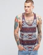 Asos Linen Look Tank With Geo-tribal Print And Extreme Racer Back - Red