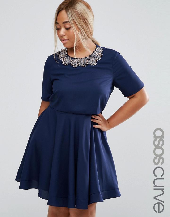 Asos Curve Embellished Cluster Crop Top Mini Dress - Navy