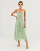 Asos Design Cami Midi Dress With Soft Layered Skirt And Ruched Bodice - Green