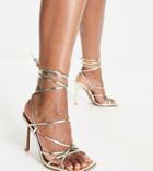 Asos Design Wide Fit Nobu Strappy Tie Leg Heeled Sandals In Gold