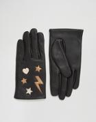 Asos Leather Star & Lightning Bolt Metallic Gloves - Black