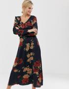 Liquorish Floral Midi Dress With Ruffle Front And Sleeve Detail