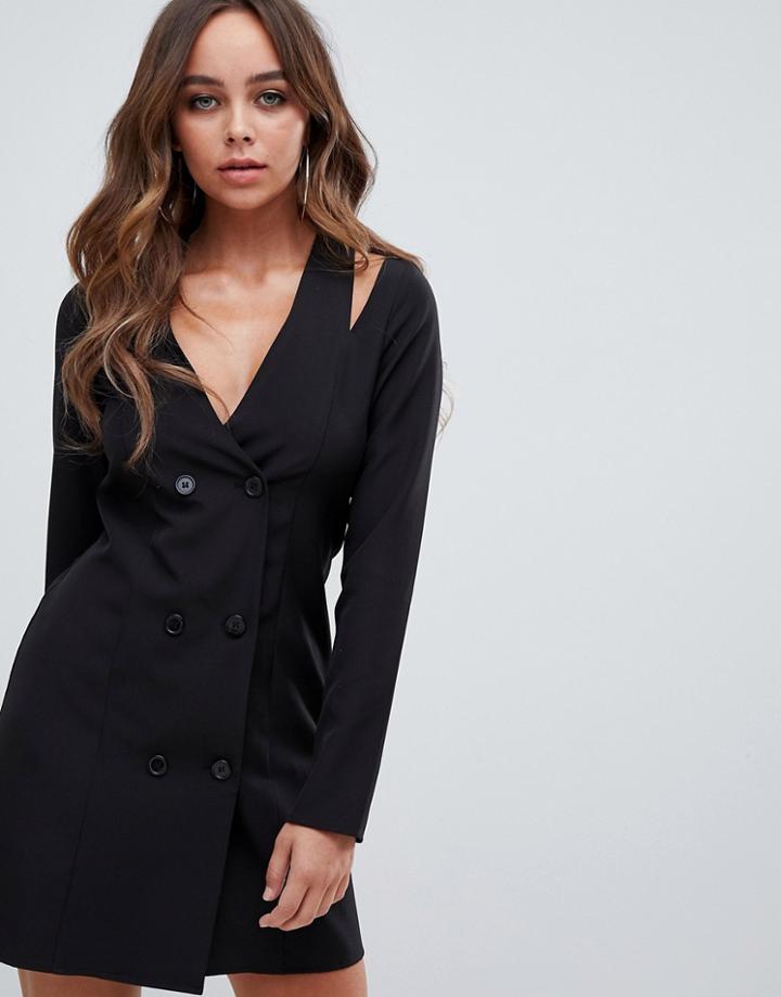 Prettylittlething Premium Cut Out Shoulder Blazer Mini Dress In Black - Black