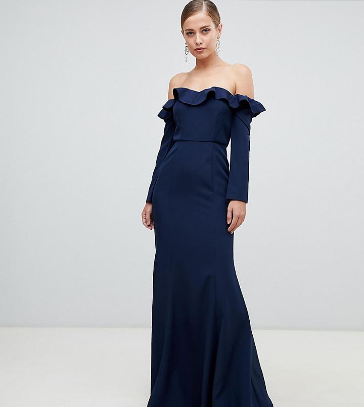 Yaura Frill Off Shoulder Fishtail Maxi Dress In Navy