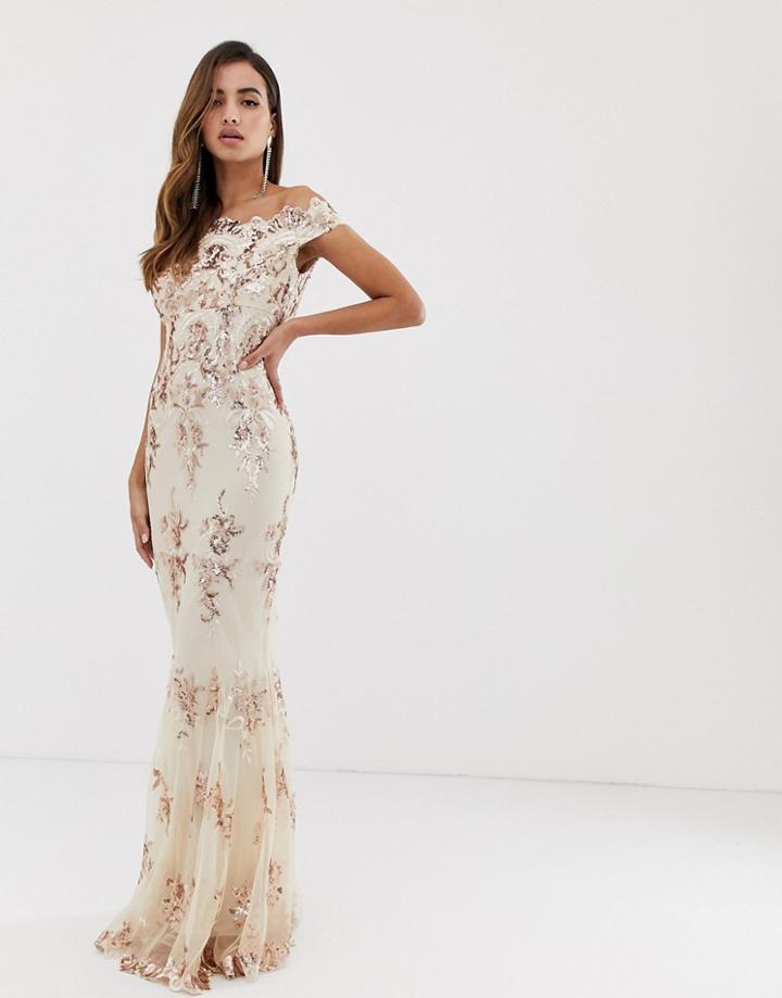 Goddiva Off Shoulder Bardot Placement Lace Maxi Dress In Blush And Gold-multi