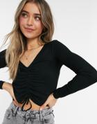 Monki Olle Jersey Ruche Front Top In Black