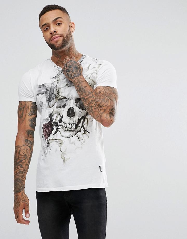 Religion Longline T-shirt With Smoke Skull Print - White