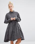 Lazy Oaf Shirt Smock Dress In Gingham With Bored Slogan - Gray