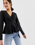 Asos Design Wrap Long Sleeve Top In Linen With Pephem - Black