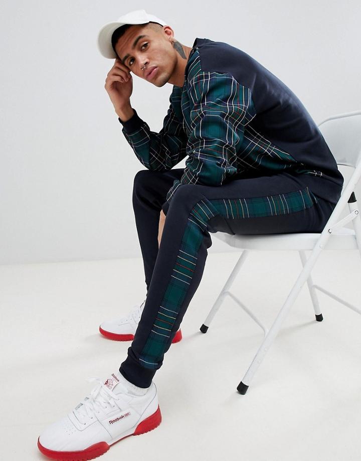 Asos Design Two-piece Skinny Joggers With Check Print Side Stripe - Navy