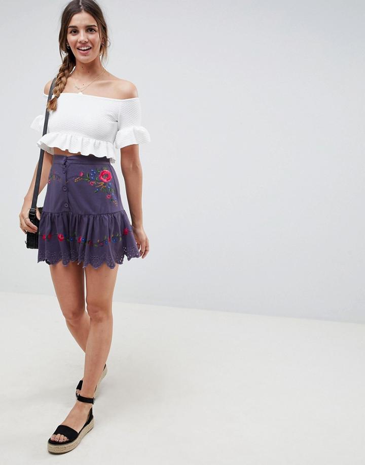 Asos Design Button Front Embroidered Pep Hem Mini Skirt - Blue