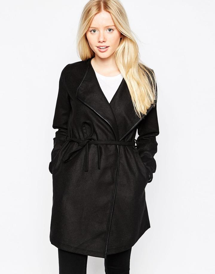 Brave Soul Belted Coat With Pu Trim - Black