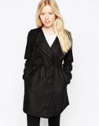 Brave Soul Belted Coat With Pu Trim - Black