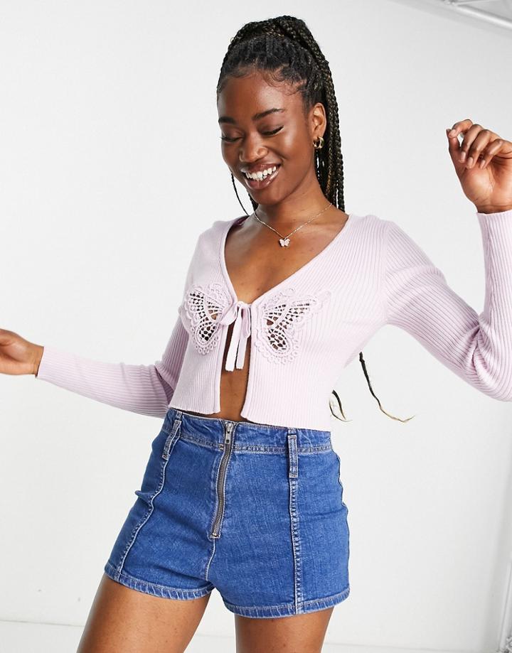 Miss Selfridge Tie Front Cardi With Butterfly Trim In Lilac-purple