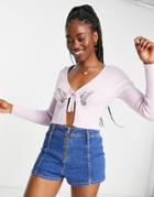 Miss Selfridge Tie Front Cardi With Butterfly Trim In Lilac-purple