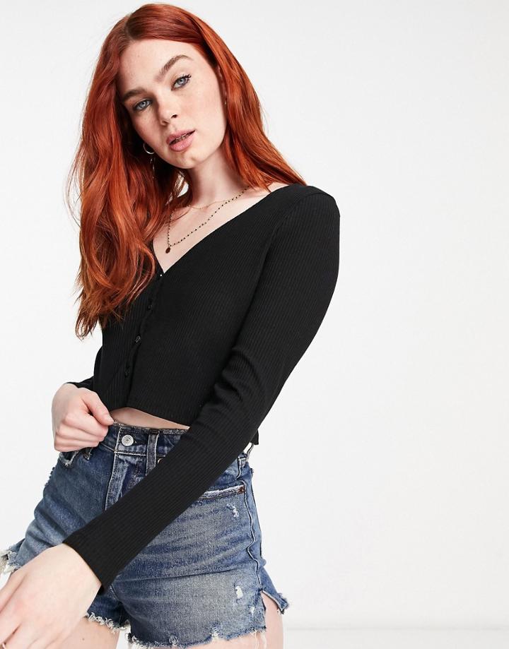Cotton: On Cropped Button Through Henley Top In Black