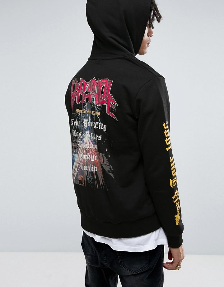 Criminal Damage Hoodie In Black With Rock Back Print - Black