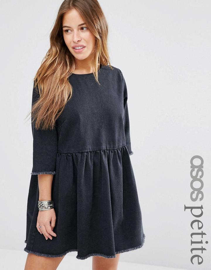 Asos Petite Denim Smock Dress With Raw Hem In Washed Black - Black