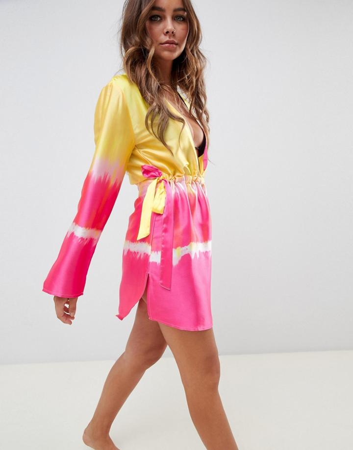 Asos Design Channel Waist Beach Cover Up In Ombre Tie Dye-multi