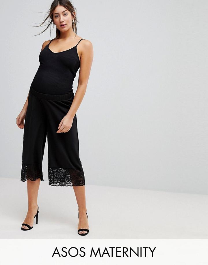 Asos Maternity Culotte Pants In Crepe With Lace Trim - Black