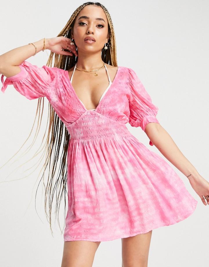 Asos Design Eyelet And Crinkle Mini Beach Dress In Pink