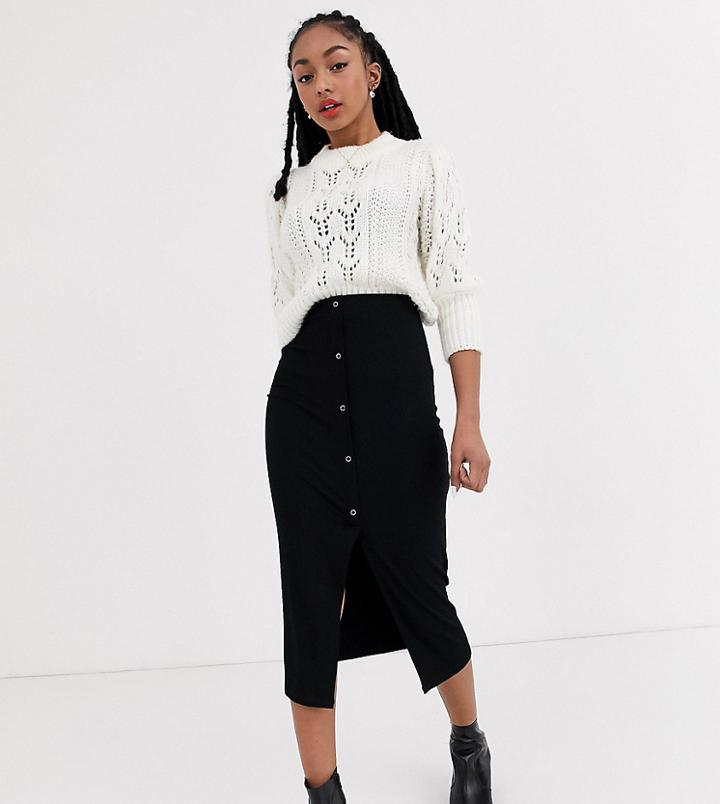 Asos Design Petite Rib Popper Midi Skirt-black