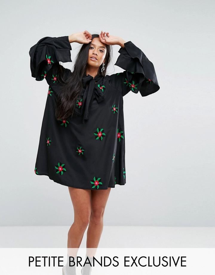 Sister Jane Petite Embroidered Dress With Bow - Black
