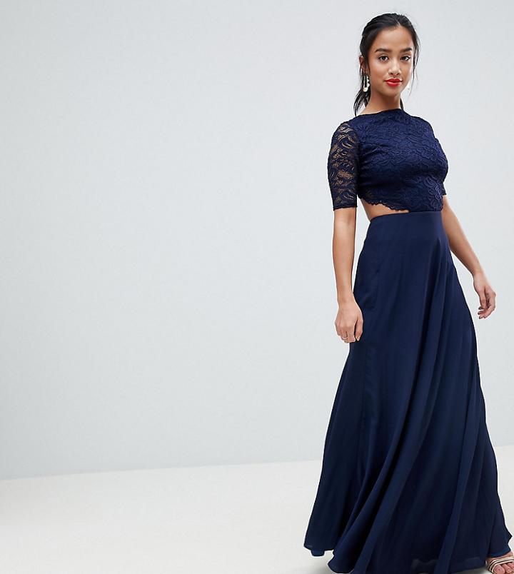 John Zack Petite Lace Open Back Maxi Dress-navy
