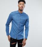 Asos Tall Stretch Slim Denim Shirt With Grandad Collar In Mid Wash - Blue