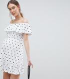 Asos Design Maternity Off Shoulder Sundress With Tiered Skirt In Polka Dot - Multi