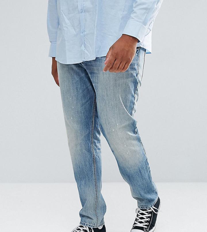 Asos Plus Stretch Slim Jeans In Mid Wash Vintage With Abrasions - Blue