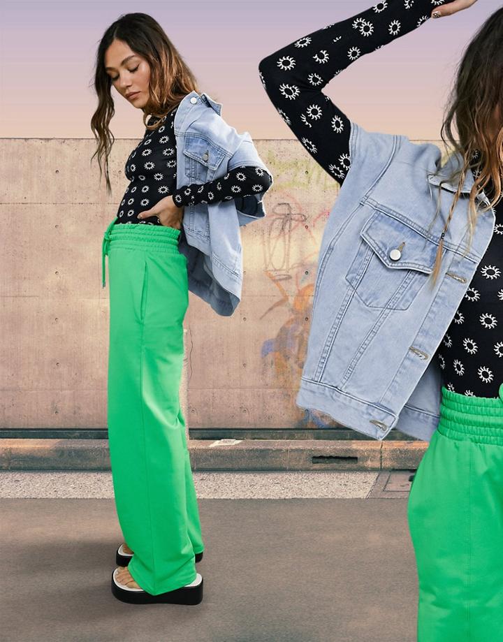 Asos Design Straight Leg Sweatpants With Deep Waistband And Pintuck In Organic Cotton In Bright Green