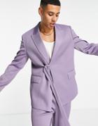 Asos Design Belted Suit Jacket In Lavender Plisse-purple