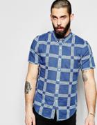 Farah Shirt With Printed Check Slim Fit Short Sleeves - Blue