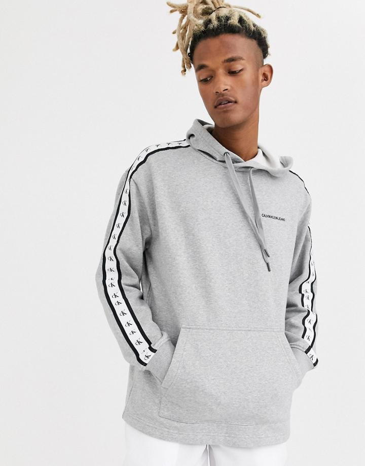 Calvin Klein Jeans Monogram Tape Boxy Pull Over Hoodie In Gray