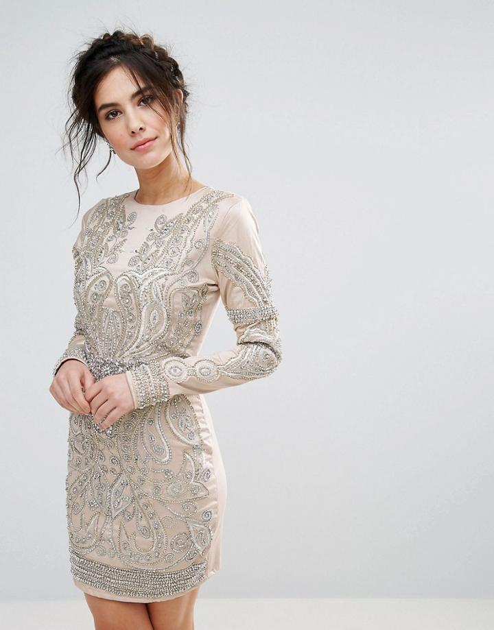 A Star Is Born Pearl Embellished Front Bodycon Dress - Silver