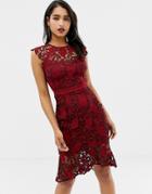 Lipsy Crochet Lace Pencil Dress With Flippy Hem In Red - Red