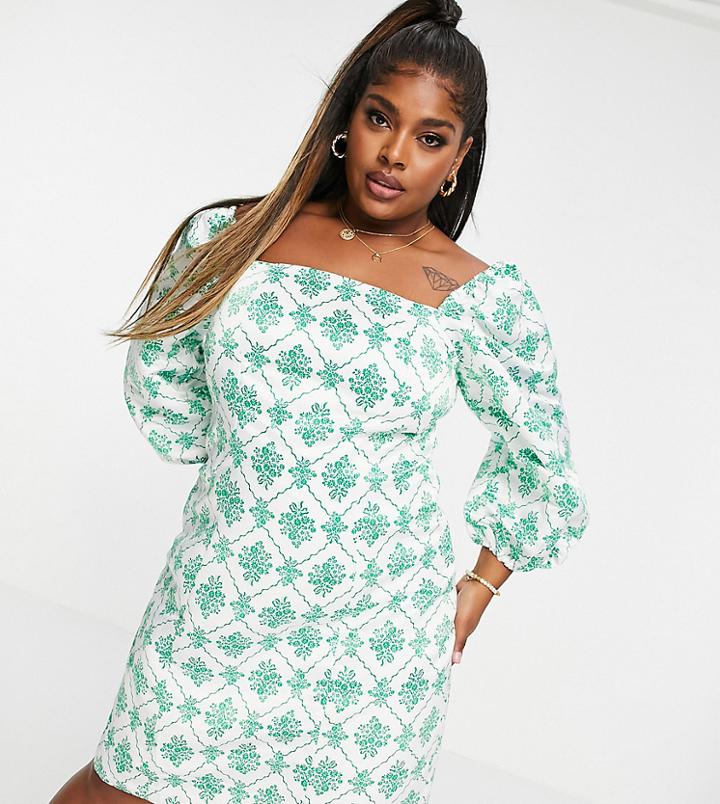Collective The Label Curve Square Neck Shift Dress In Green Jewel Print
