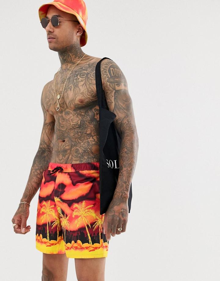Asos Design Swim Shorts In Beach Scene Design Mid Length - Orange