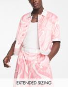 Asos Design Smart Button Down Short Sleeve Satin Jacket In Pink Swirl Print - Part Of A Set-multi