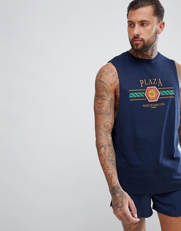 Asos Design Sleeveless T-shirt With Plaza Print - Navy